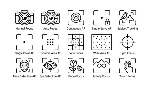 Autofocus and focus mode icons grid on white background