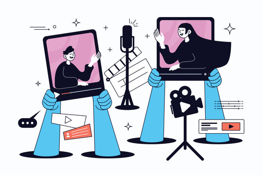 Video podcast flat concept for web design. Podcasters talking in microphones and recording audio or video, creating show, broadcasting communication or live streaming from studio. Vector illustration.