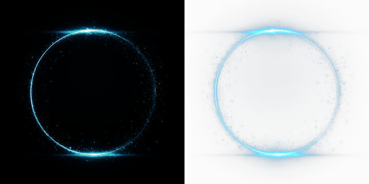 Bright blue circle with glowing edges isolated on transparent and black background, is present with clear lines and soft light effects, light overlay, PNG