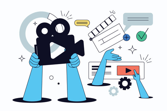 Video production flat concept for web design. Digital multimedia content creation, cameraman shooting with camera, movie director clapper, video scripts and footage editing. Vector illustration.