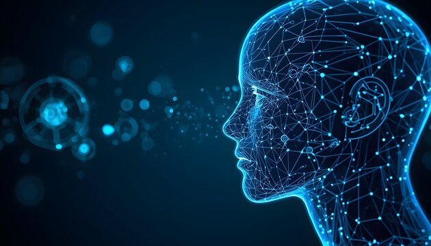 Futuristic ai human head with glowing blue connections and holographic reflections in dark background