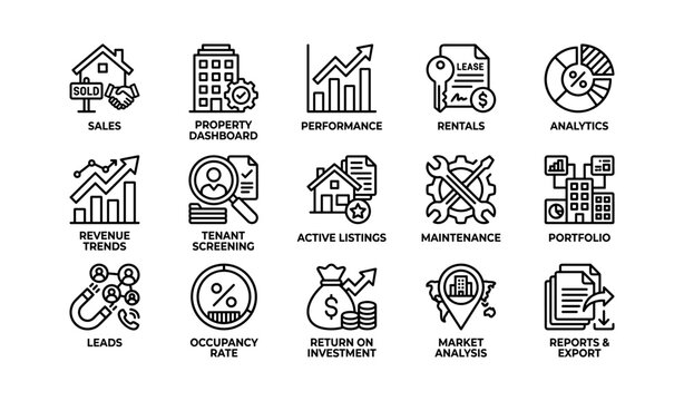 Real estate and portfolio icons showing analytics and metrics