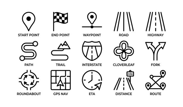 Map and waypoint icons for navigation displayed on white background