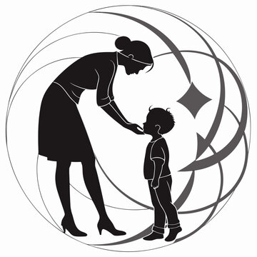 Graphic silhouette of mother comforting her young son with silhouette, parenting