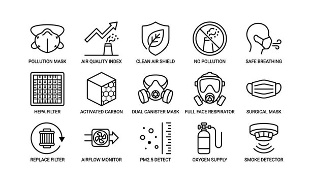 Air quality and respiratory protection icons showing masks and monitors
