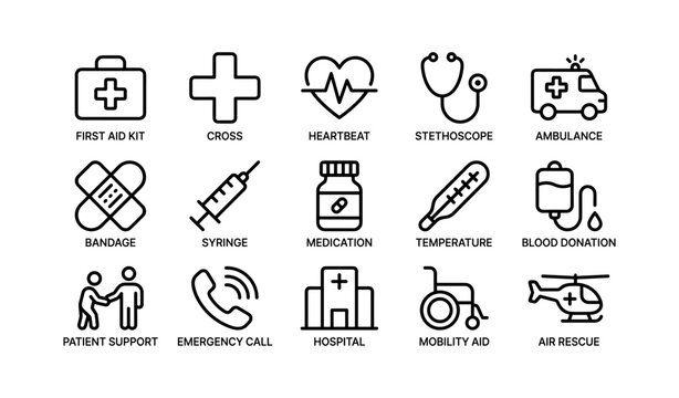 Medical emergency icons showing care services and rescue elements grid
