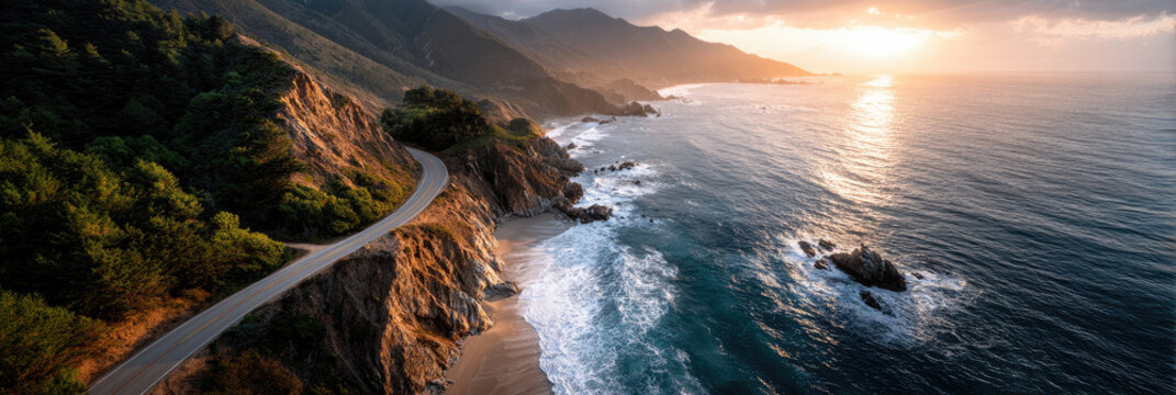 Aerial view of a coastal highway winding along rugged cliffs as waves crash on rocks, evoking scenic road trip freedom, remote escape and dramatic seaside landscape exploration