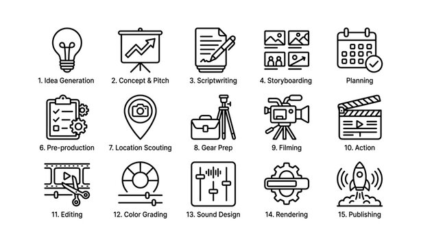 Video production icons illustrating stages from idea to publishing