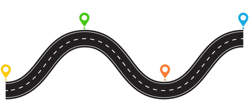 Journey path infographic template featuring winding highway route with location pins. Vector illustration isolated on white.