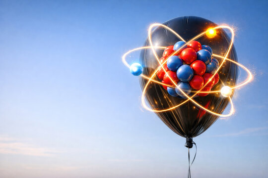 A model of an atom made of balloons on a black balloon. Space for text.