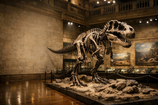 The skeleton of a Tyrannosaurus rex in the hall of the Museum of Natural History.