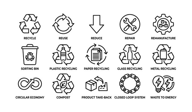 Recycling and circular economy icons displayed in grid on white background