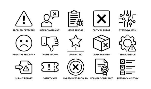 Feedback and issue icons arranged in grid on white background