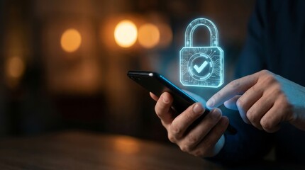 Cybersecurity and Secure Login Concept: Hands Using Smartphone with Glowing Padlock and Copy Space