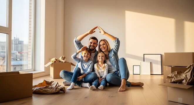 Family of four forms house roof with hands in new home, boxes around