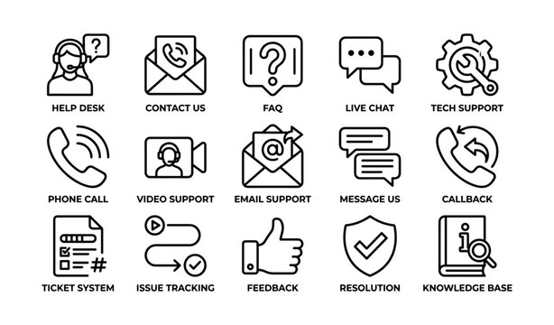 Customer support and contact icons arranged on white background