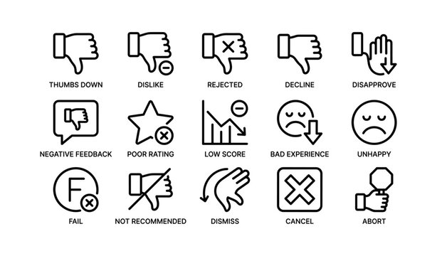 Negative feedback and dislike icons arranged on white background