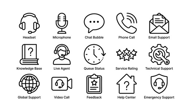 Customer support and communication icons arranged on white background