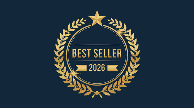 Best Seller 2026 Golden Luxury Badge with Laurel Wreath Star and Ribbon on Dark Navy Blue Background Vector Illustration