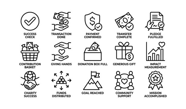 Donation success icons showing payment and impact indicators