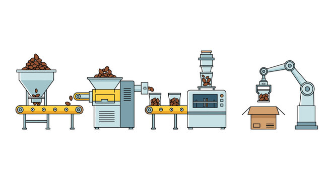 An automated industrial assembly line processes raw brown products from a storage hopper into clear containers which are then boxed by a mechanical robotic arm in a facility.