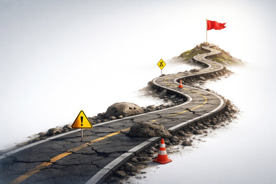 A broken winding road with warning signs and a flag. Space for text.