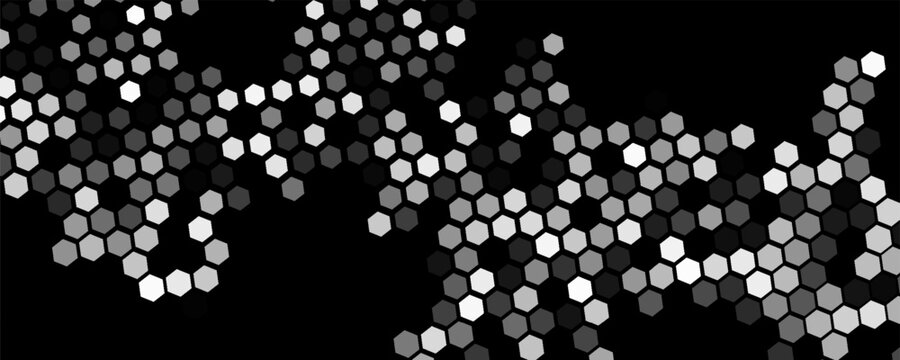 Vector irregular abstraction geometric seamless pattern with hexagonal shapes. Black and white contrast hex chains abstract background.