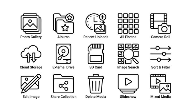 Collection of file and gallery icons with labels on white background