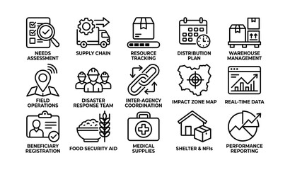 Fototapeta premium Logistics and humanitarian operation icons in grid layout