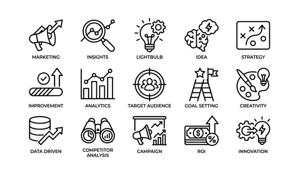 Marketing and strategy icons arranged in grid on white background