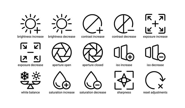 Photography adjustment icons for exposure and color settings