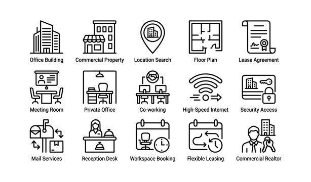 Commercial property and workspace icons showing office amenities