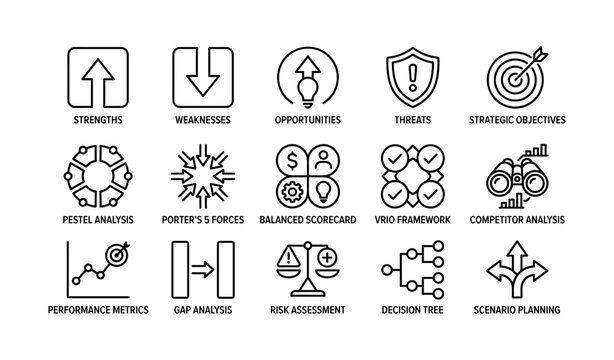 Business strategy and analysis icons arranged in grid on white background