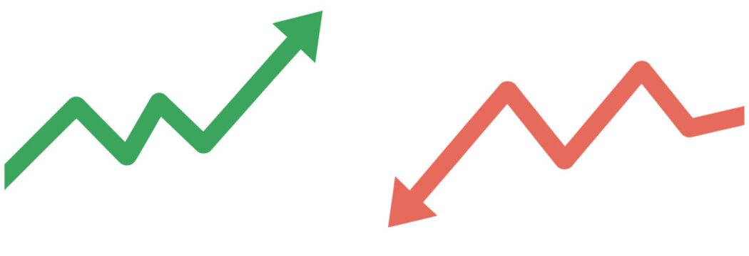 Green upward trending graph and red downward trending graph icons symbolizing financial growth and loss