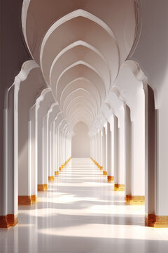 Minimal white arched corridor with soft light and long shadows; elegant architectural scene for design, branding, background use, and concepts of symmetry, depth, and calm modern space