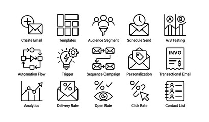Fototapeta premium Email marketing icons illustrating campaign tools and metrics