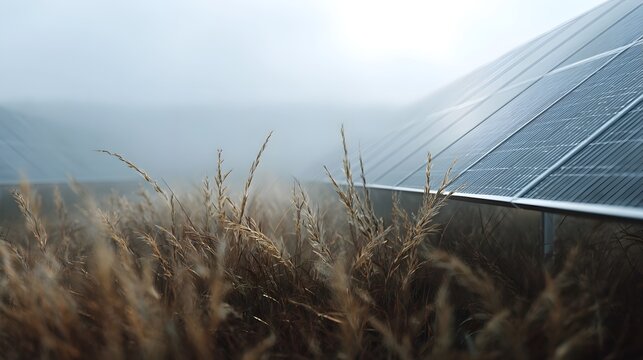 Golden reeds rise against the backdrop of modern solar panels under a misty sky symbolizing the intersection of nature and clean energy
