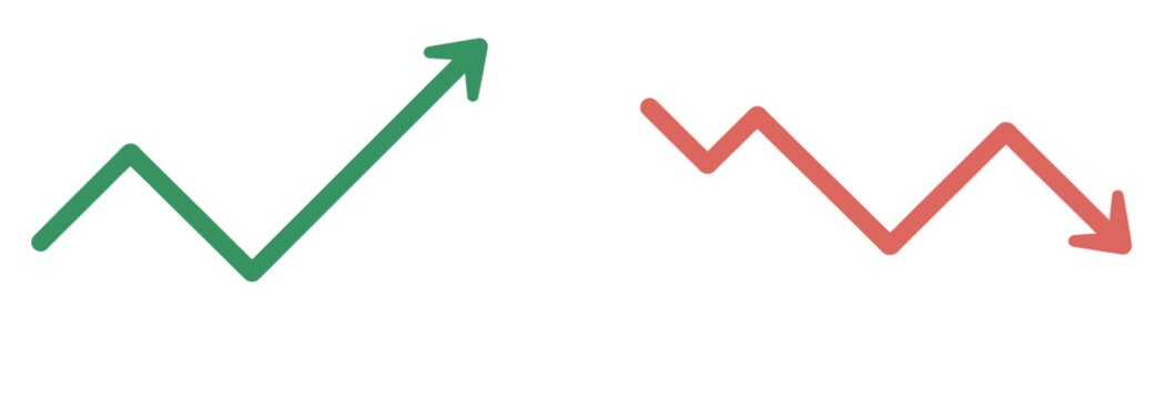 Simple green upward and red downward trend line graphs indicating financial growth and loss