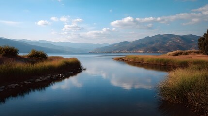 Obraz premium Calm water reflects majestic mountains and a bright blue sky at the peaceful river bend