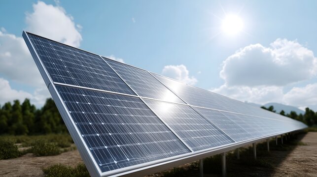 Modern solar panels installed in an open field under a bright dynamic blue sky symbolizing sustainable power