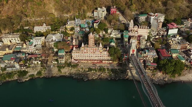 Drone view of rishikesh tera manzil temple with bajrang setu bridge, 4k footage 