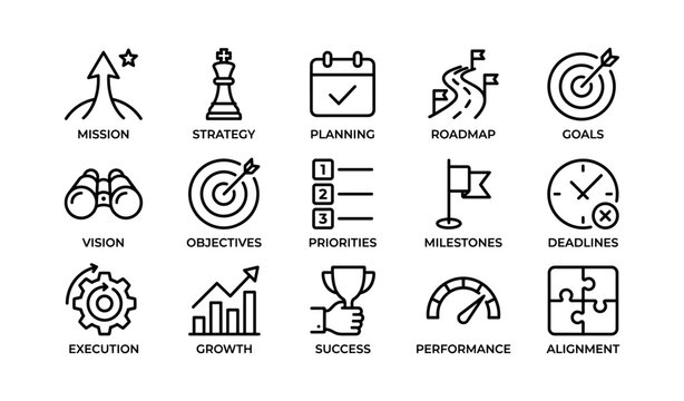 Business strategy icons in grid on white background