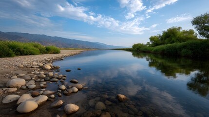 Fototapeta premium Calm river reflecting a clear blue sky and distant mountain range under bright daylight