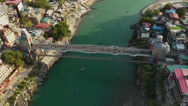 Aerial view of bajrang setu bridge in rishikesh, 6k footage 