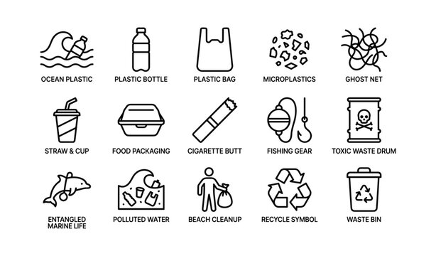Icons of marine plastic pollution items and cleanup
