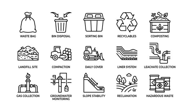 Waste management icons representing landfill and recycling on white