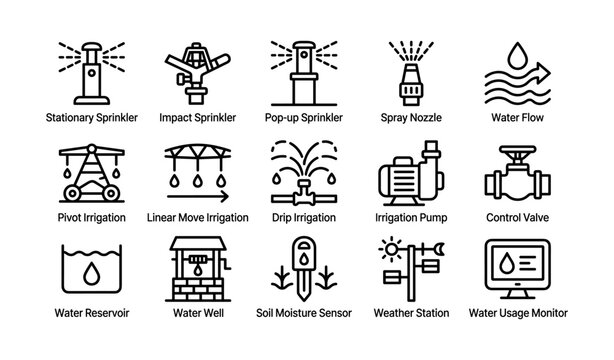 Irrigation and water monitoring icons arranged on white background