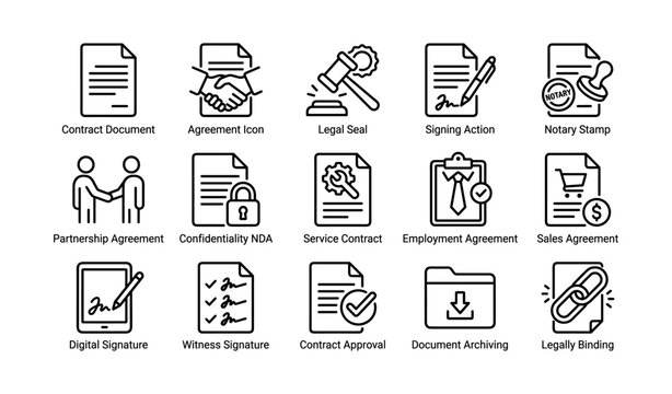 Contract icons representing agreements and document actions on white