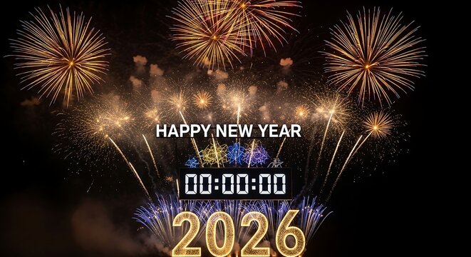 Festive fireworks explode over the number 2026, celebrating the new year