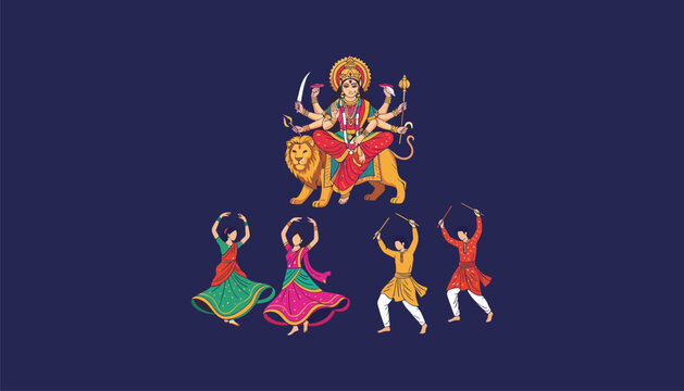 Goddess Durga Sitting on Lion with Three Colorful Garba Dandiya Dancers Celebrating Navratri Festival on Dark Blue Background Vector Illustration